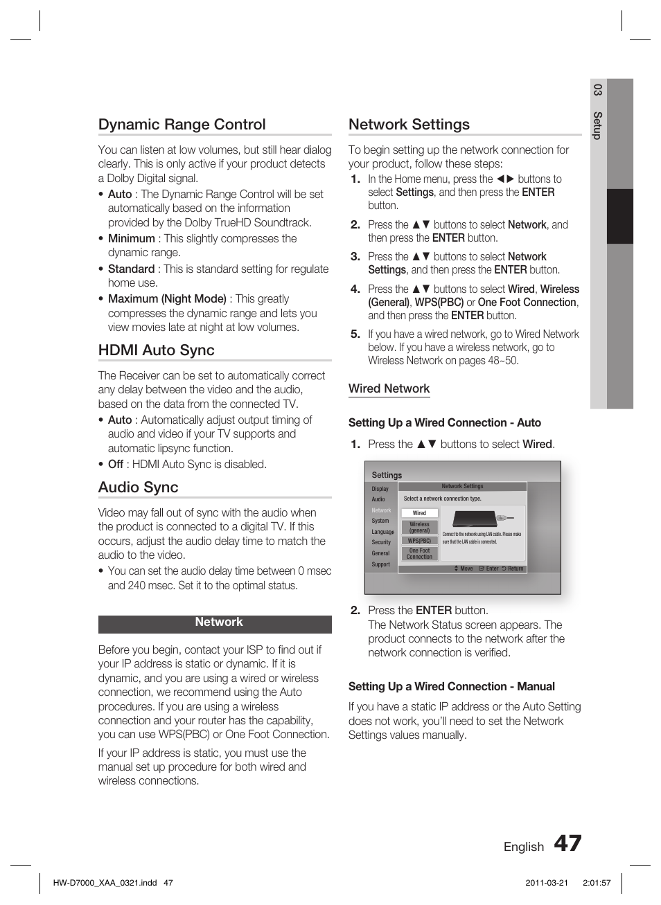 Network, Dynamic range control, Hdmi auto sync | Audio sync, Network settings | Samsung HW-D7000 User Manual | Page 47 / 87