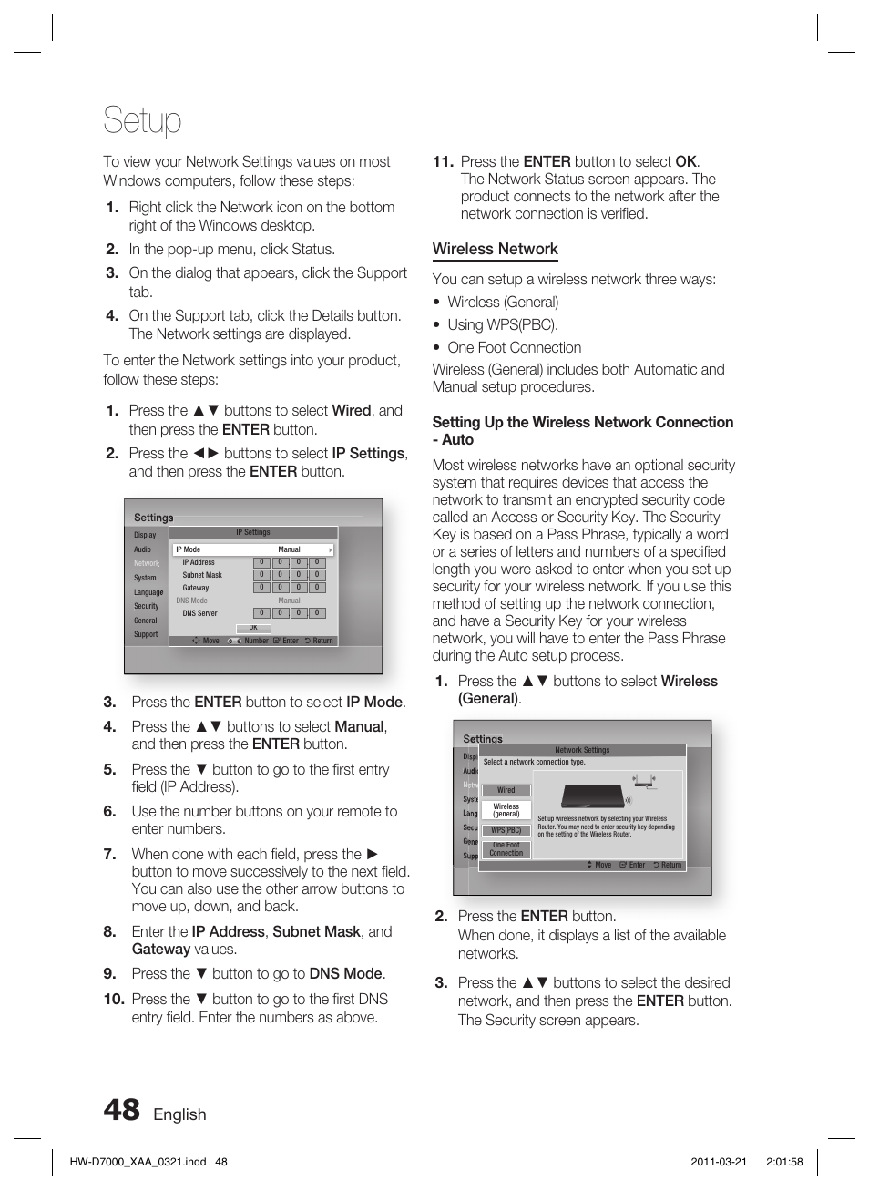 Setup, English, Wireless network | Samsung HW-D7000 User Manual | Page 48 / 87