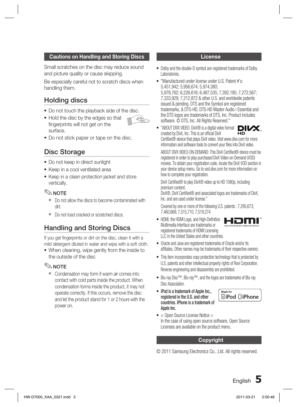 Cautions on handling and storing discs, License, Copyright | Holding discs, Disc storage, Handling and storing discs | Samsung HW-D7000 User Manual | Page 5 / 87