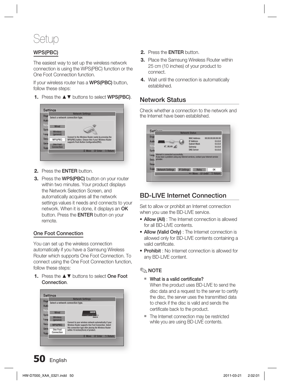 Setup, Network status, Bd-live internet connection | English, Wps(pbc), One foot connection | Samsung HW-D7000 User Manual | Page 50 / 87