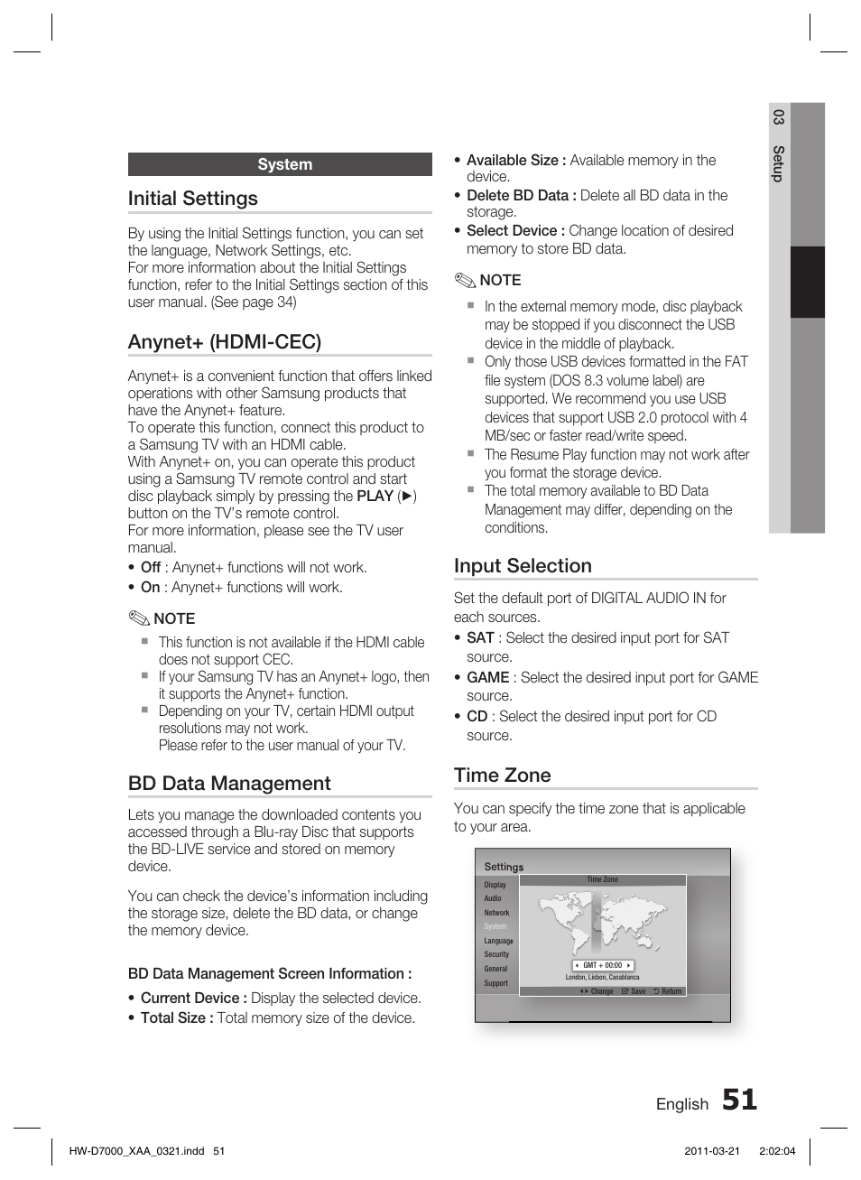 System, Initial settings, Anynet+ (hdmi-cec) | Bd data management, Input selection, Time zone | Samsung HW-D7000 User Manual | Page 51 / 87