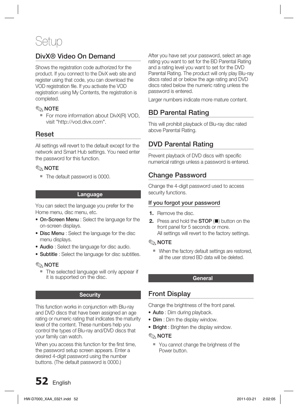 Language, Security, General | Setup | Samsung HW-D7000 User Manual | Page 52 / 87