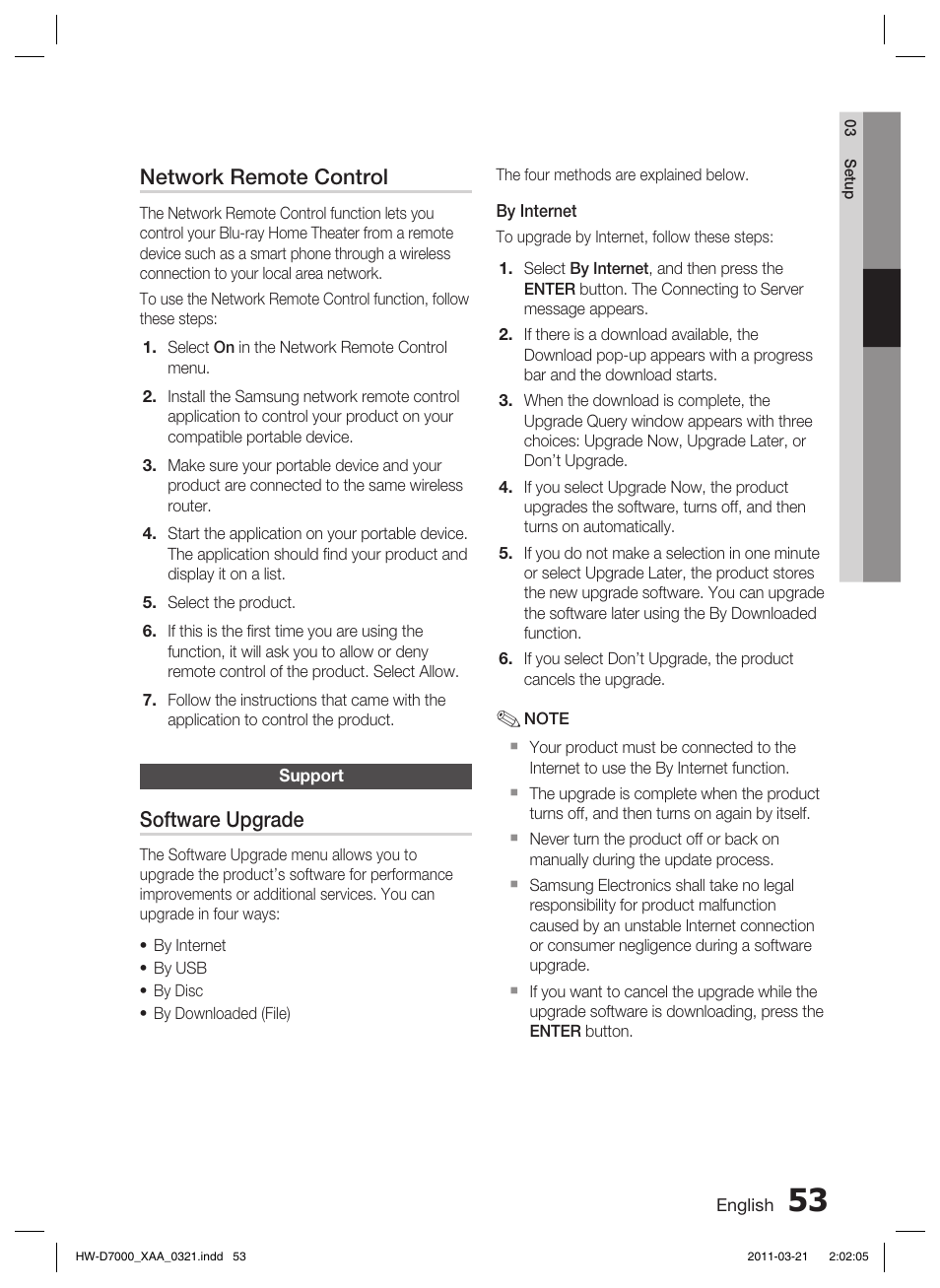 Support, Network remote control, Software upgrade | Samsung HW-D7000 User Manual | Page 53 / 87