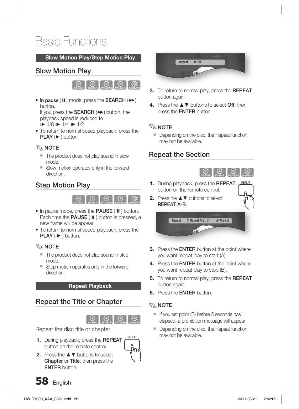 Slow motion play/step motion play, Repeat playback, Basic functions | Hzzyx, Hzzy | Samsung HW-D7000 User Manual | Page 58 / 87