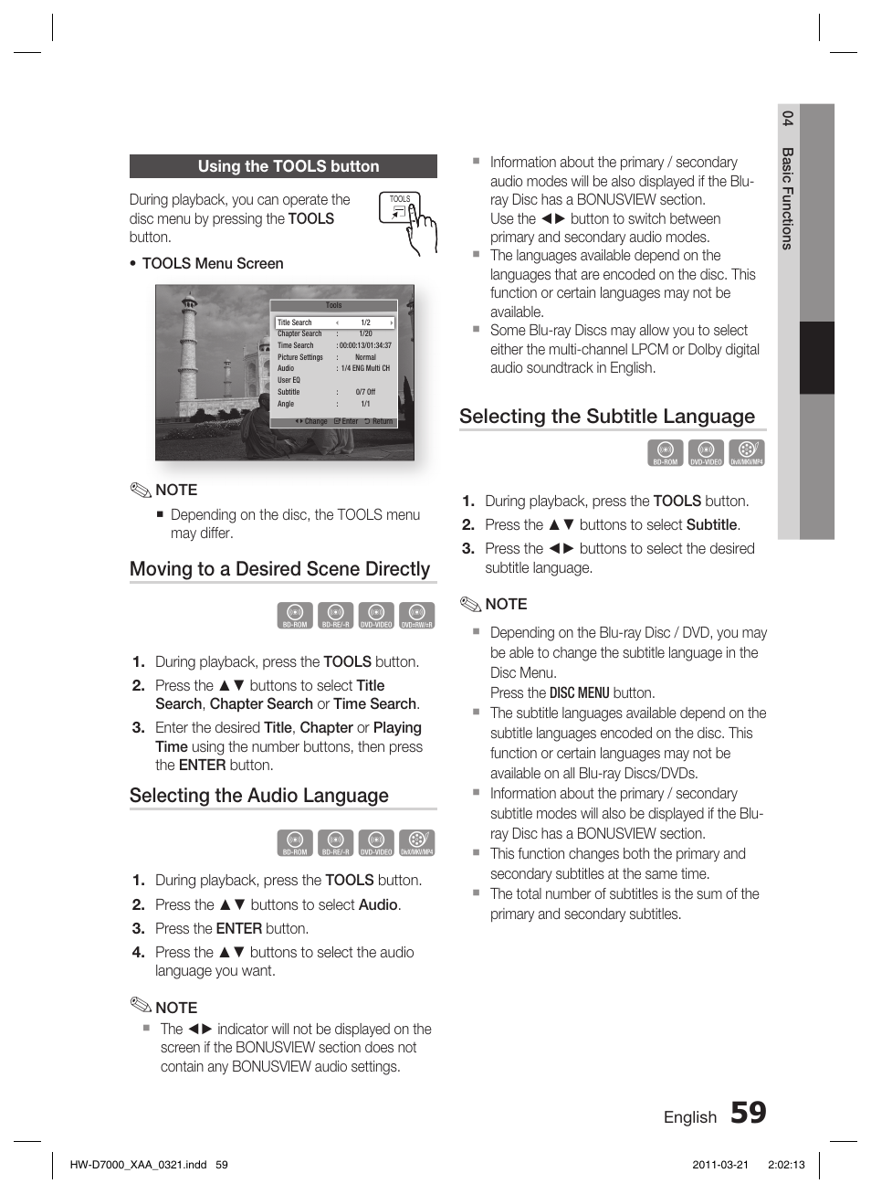 Using the tools button, Hzzy, Hzzx | Moving to a desired scene directly, Selecting the audio language, Selecting the subtitle language | Samsung HW-D7000 User Manual | Page 59 / 87