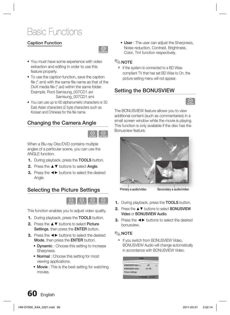 Basic functions, Hzzy, Changing the camera angle | Selecting the picture settings, Setting the bonusview | Samsung HW-D7000 User Manual | Page 60 / 87