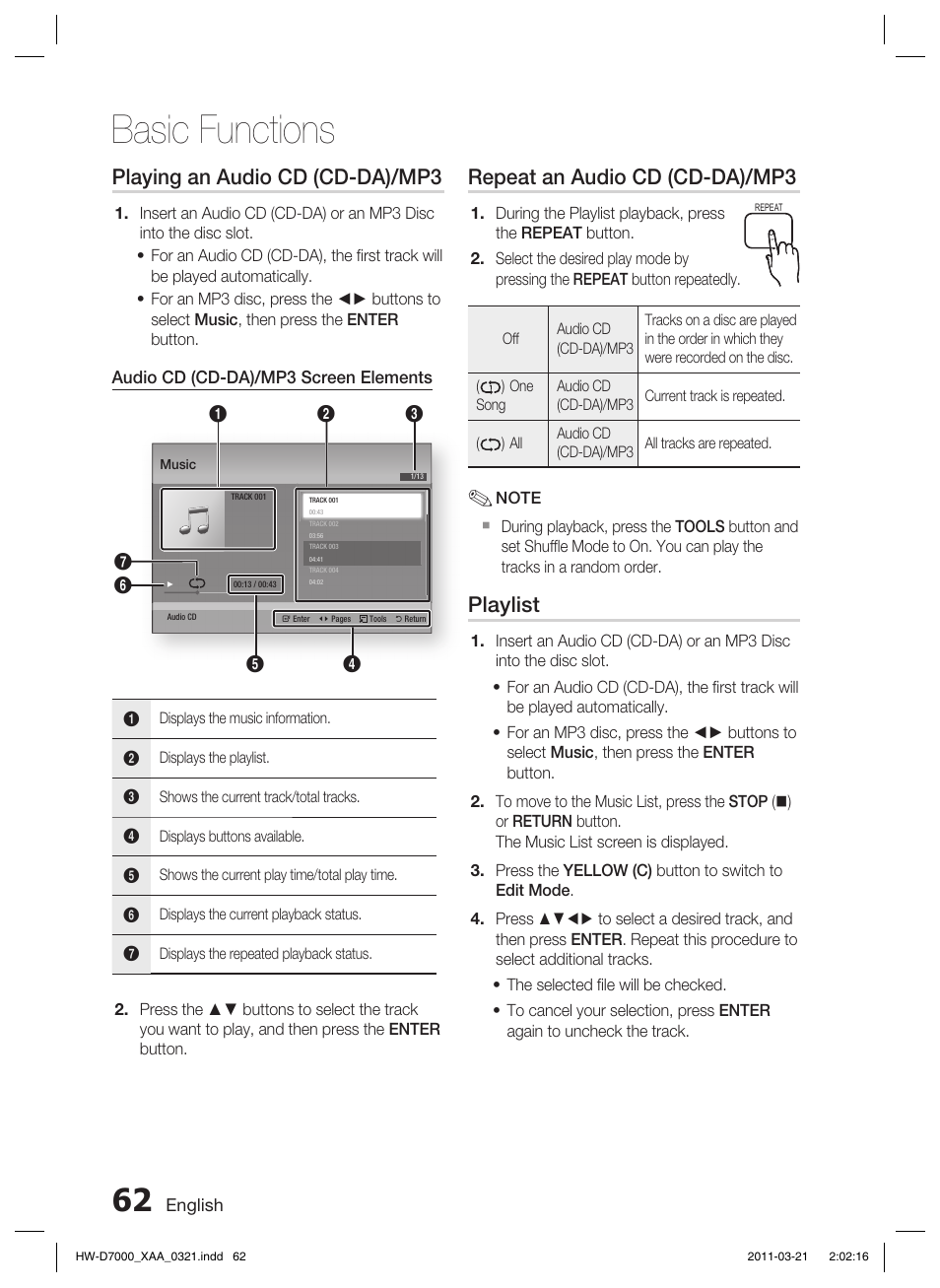 Playing an audio cd (cd-da)/mp3, Repeat an audio cd (cd-da)/mp3, Basic functions | Playlist | Samsung HW-D7000 User Manual | Page 62 / 87