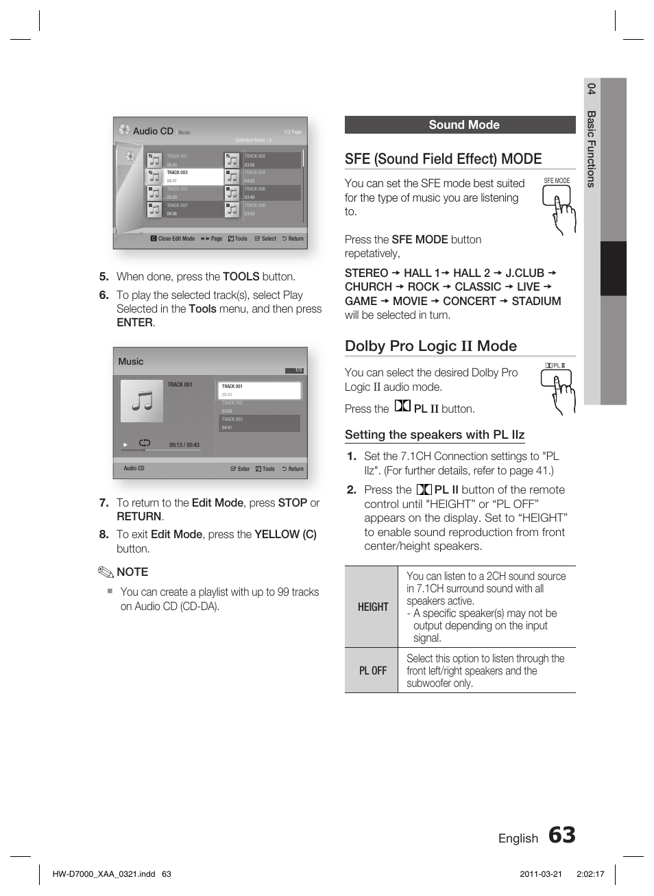 Sound mode, Sfe (sound field effect) mode, Dolby pro logic ii mode | English, Setting the speakers with pl iiz | Samsung HW-D7000 User Manual | Page 63 / 87