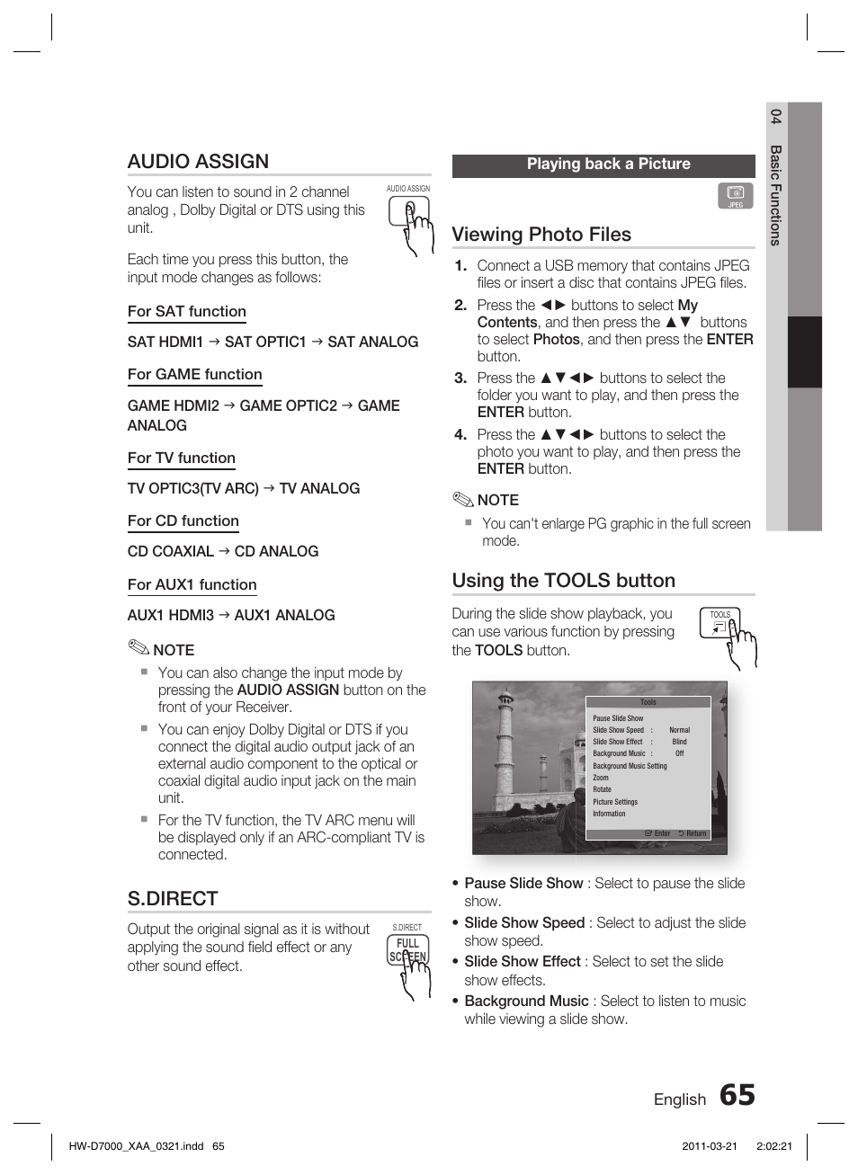 Playing back a picture device, Viewing photo files, Using the tools button | Audio assign, S.direct | Samsung HW-D7000 User Manual | Page 65 / 87