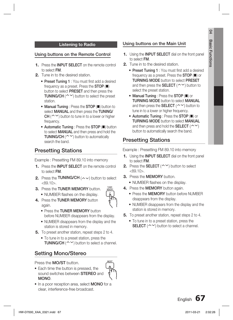 Listening to radio, Presetting stations, Setting mono/stereo | Samsung HW-D7000 User Manual | Page 67 / 87