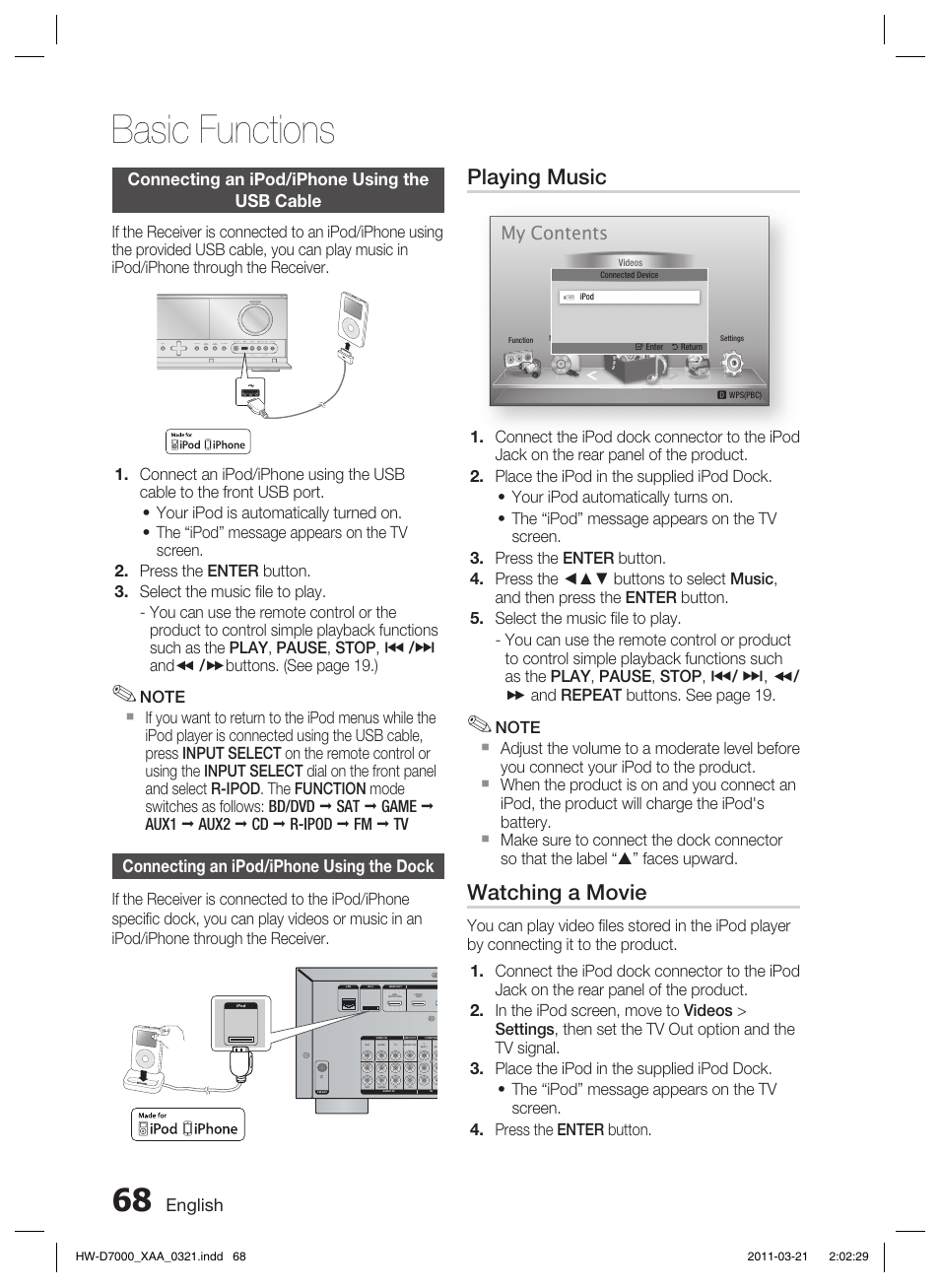 Connecting an ipod/iphone using theusb cable, Connecting an ipod/iphone using the dock, Basic functions | Playing music, Watching a movie, My contents, English, Connecting an ipod/iphone using the usb cable | Samsung HW-D7000 User Manual | Page 68 / 87