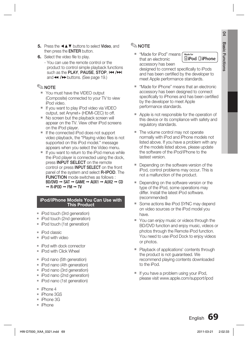 Ipod/iphone models you can use withthis product | Samsung HW-D7000 User Manual | Page 69 / 87