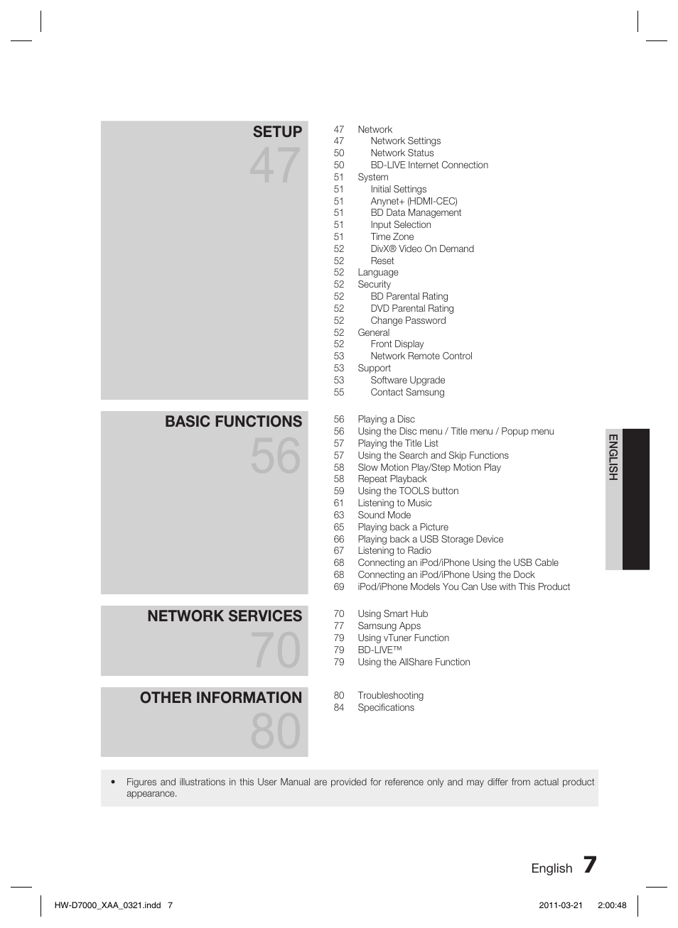 Setup, Basic functions, Network services | Other information | Samsung HW-D7000 User Manual | Page 7 / 87