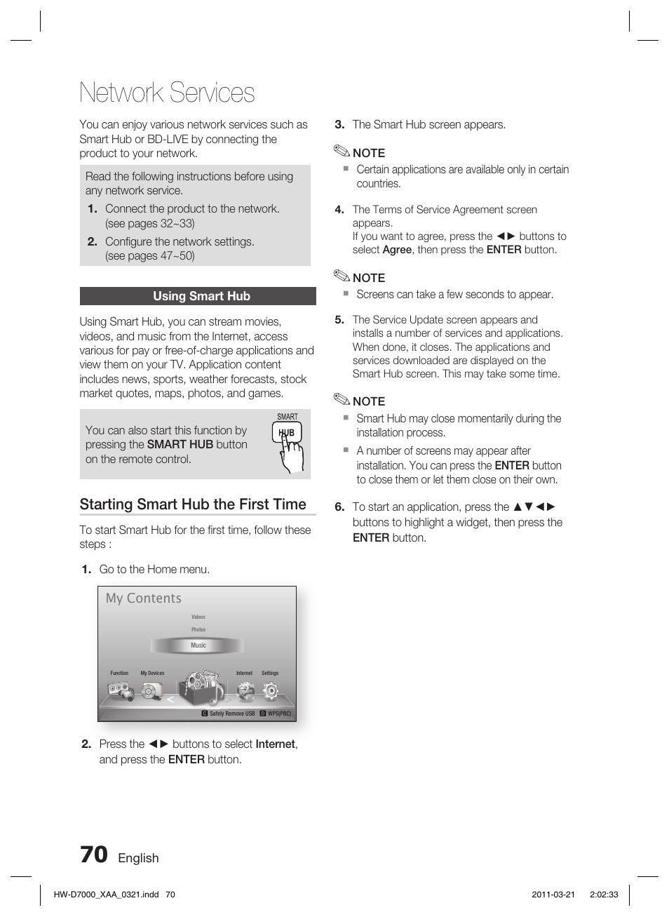 Network services, Using smart hub, Starting smart hub the first time | Samsung HW-D7000 User Manual | Page 70 / 87