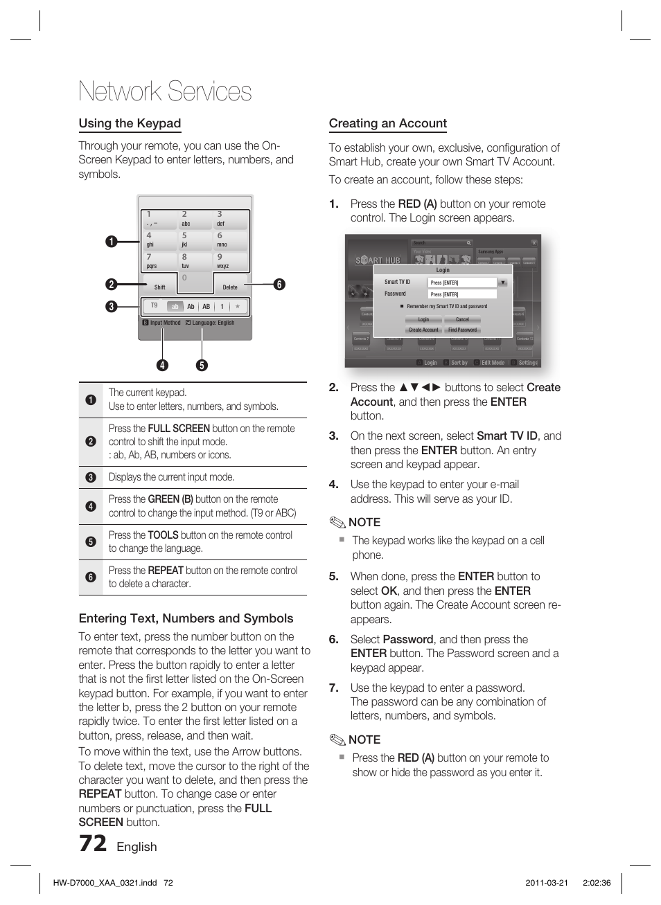 Network services, English, Using the keypad | Entering text, numbers and symbols, Creating an account | Samsung HW-D7000 User Manual | Page 72 / 87