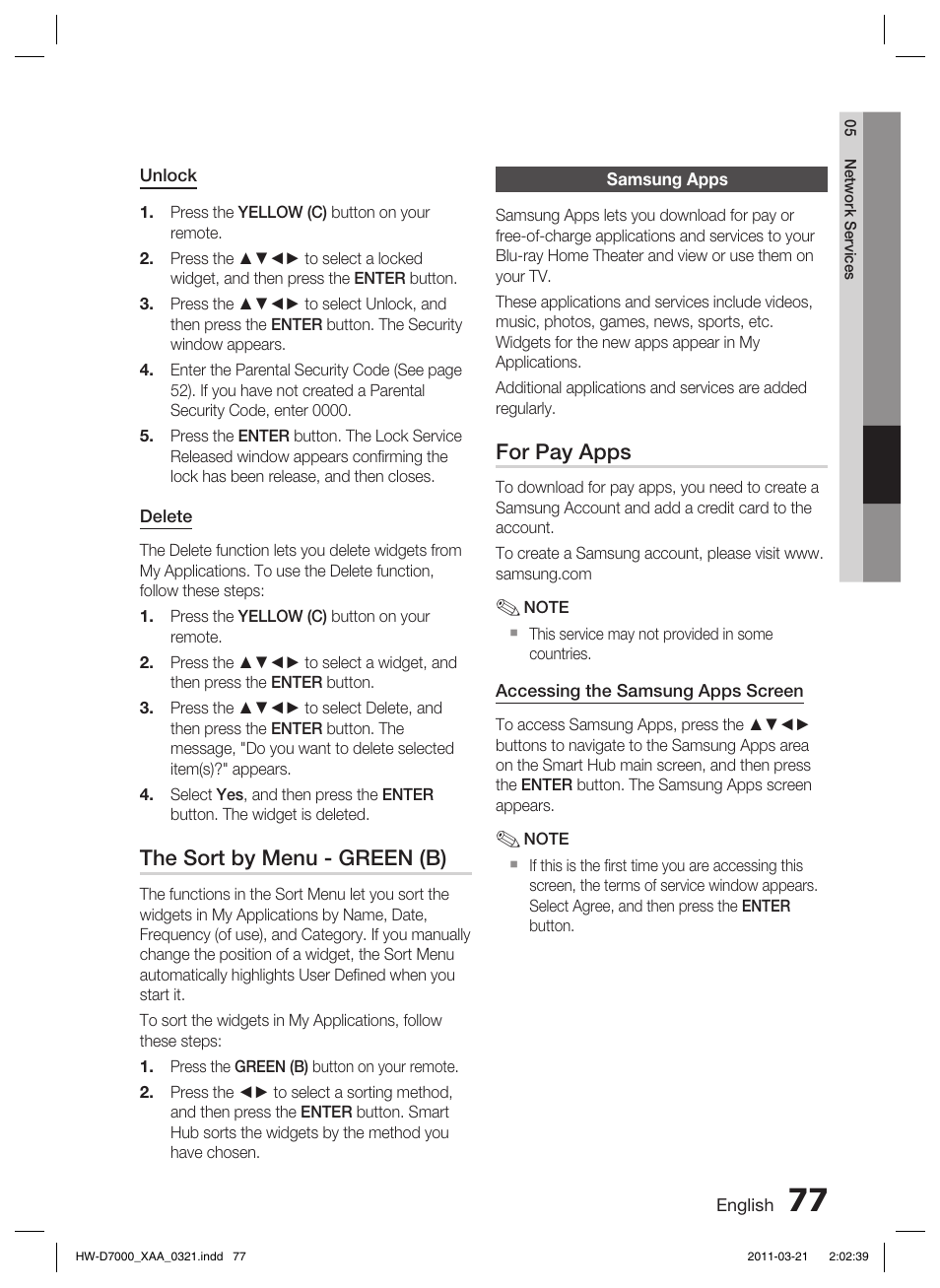 Samsung apps, The sort by menu - green (b), For pay apps | Samsung HW-D7000 User Manual | Page 77 / 87