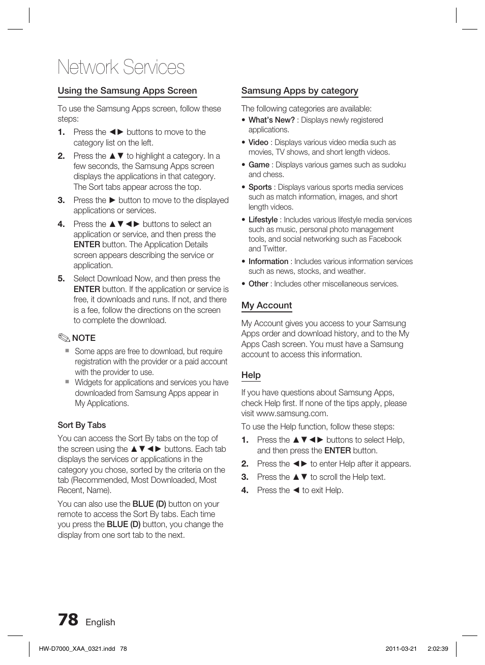 Network services | Samsung HW-D7000 User Manual | Page 78 / 87