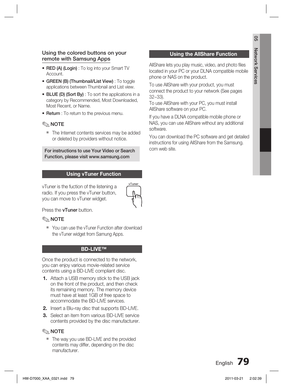 Using vtuner function, Bd-live, Using the allshare function | Samsung HW-D7000 User Manual | Page 79 / 87