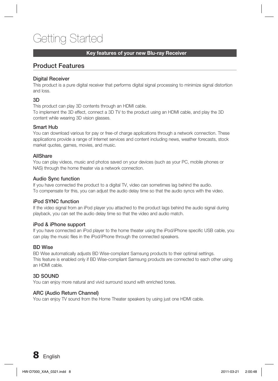 Getting started, Key features of your new blu-ray receiver | Samsung HW-D7000 User Manual | Page 8 / 87