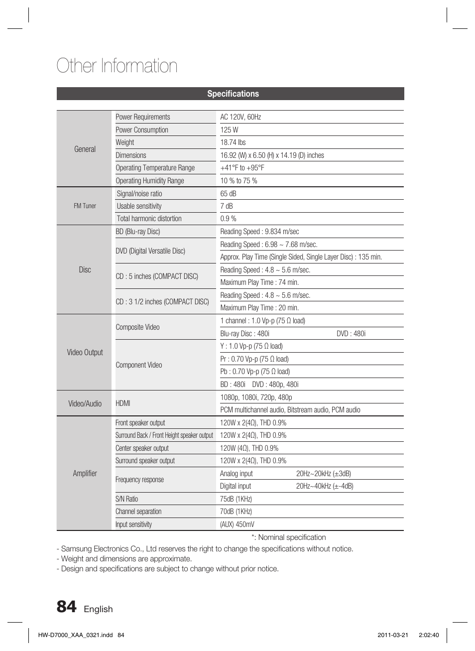 Specifi cations, Other information | Samsung HW-D7000 User Manual | Page 84 / 87