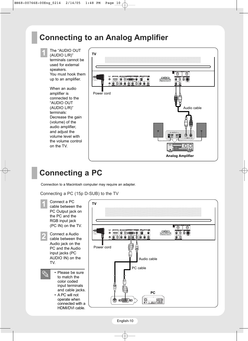 Connecting to an analog amplifier 1, Connecting a pc 1 | Samsung SP-R4232 User Manual | Page 10 / 16