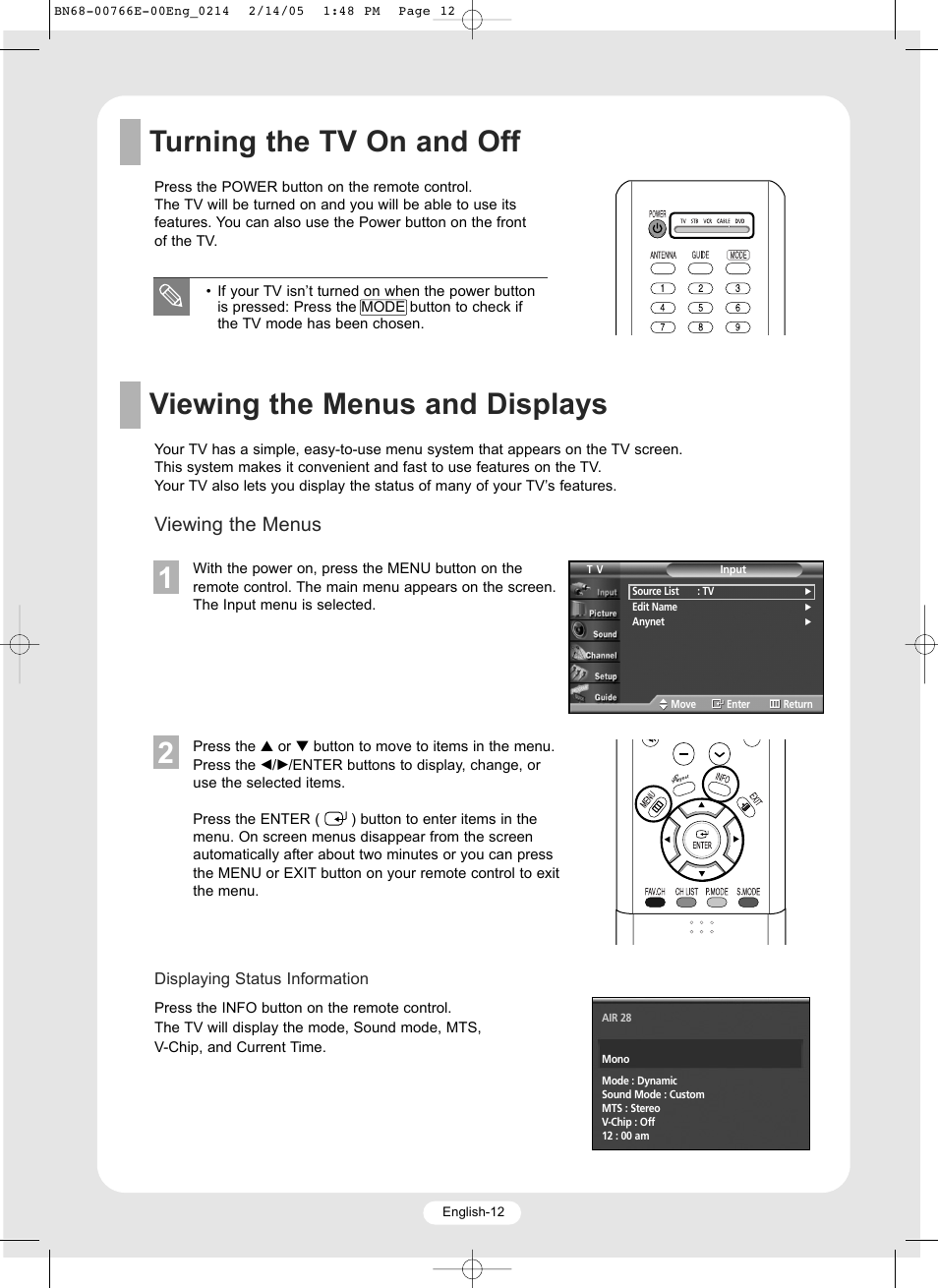 Turning the tv on and off, Viewing the menus and displays, Viewing the menus | Samsung SP-R4232 User Manual | Page 12 / 16