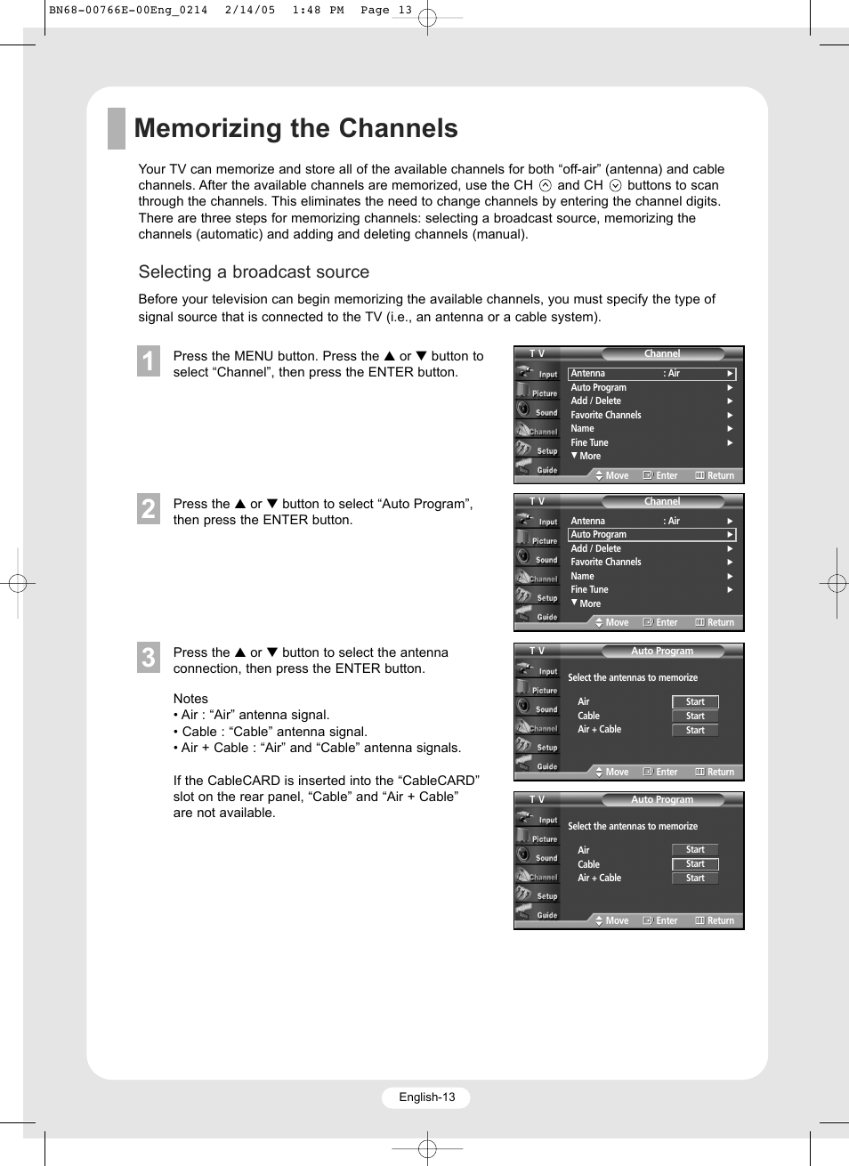 Selecting a broadcast source | Samsung SP-R4232 User Manual | Page 13 / 16