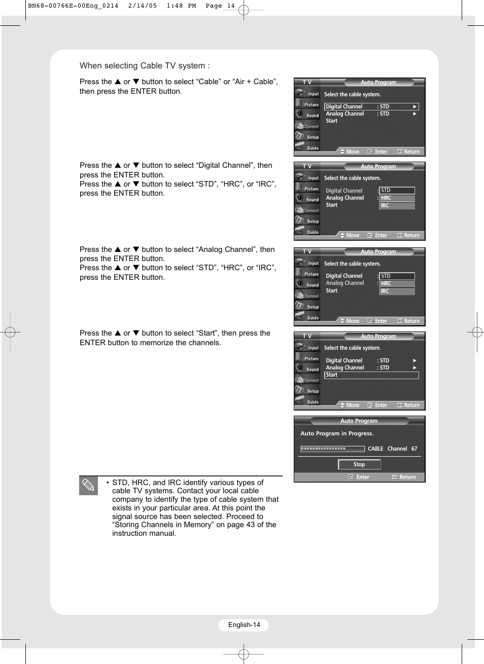 When selecting cable tv system | Samsung SP-R4232 User Manual | Page 14 / 16