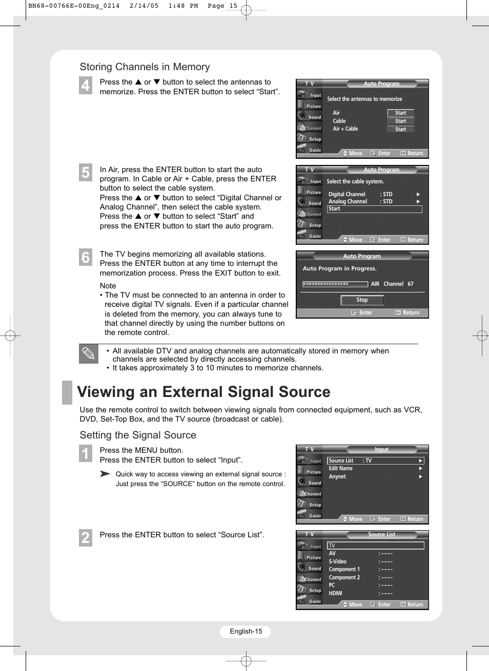 Viewing an external signal source, Setting the signal source | Samsung SP-R4232 User Manual | Page 15 / 16