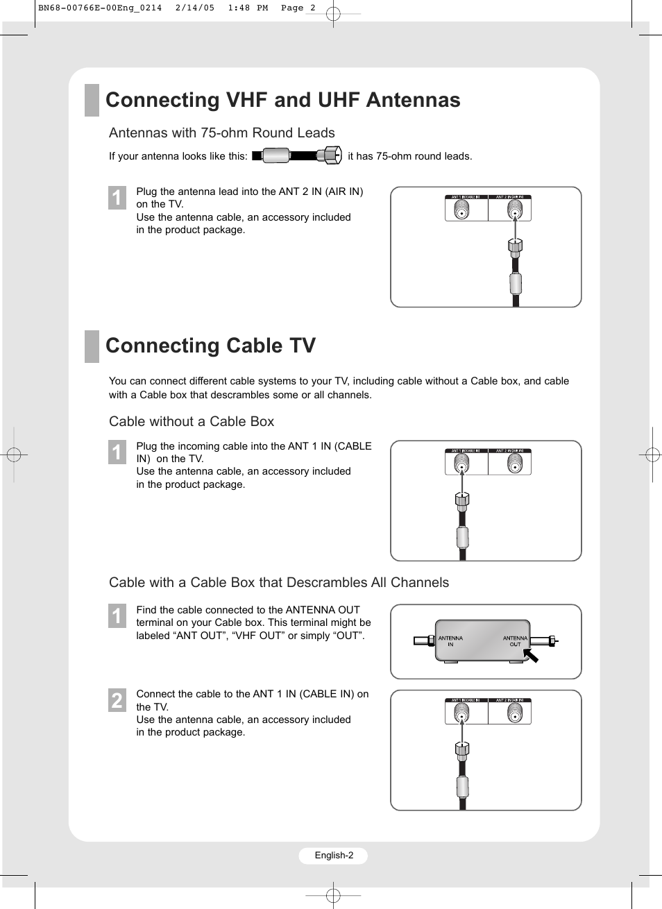 Connecting vhf and uhf antennas 1, Connecting cable tv 1 | Samsung SP-R4232 User Manual | Page 2 / 16