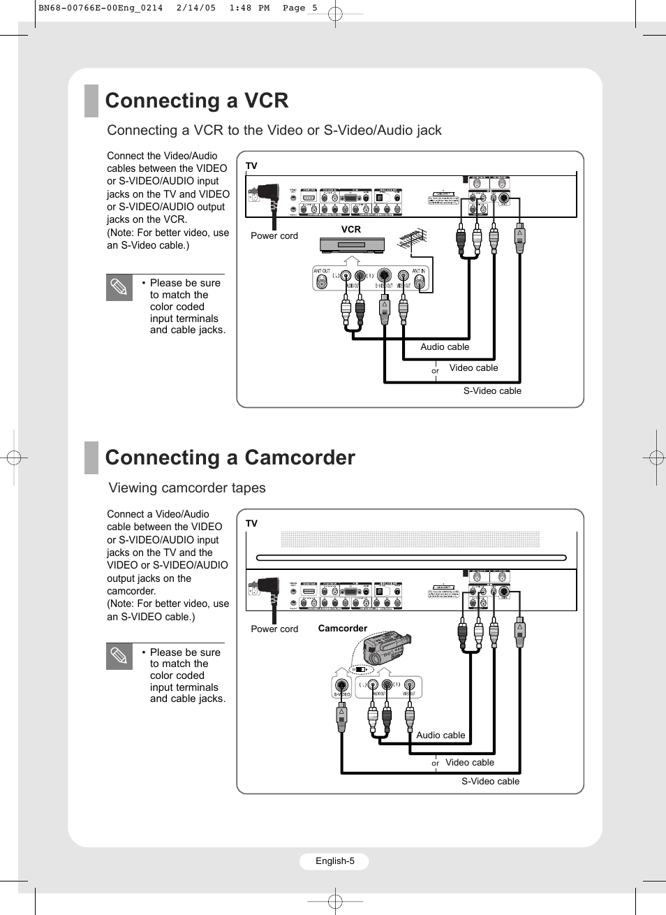 Connecting a vcr, Connecting a camcorder | Samsung SP-R4232 User Manual | Page 5 / 16