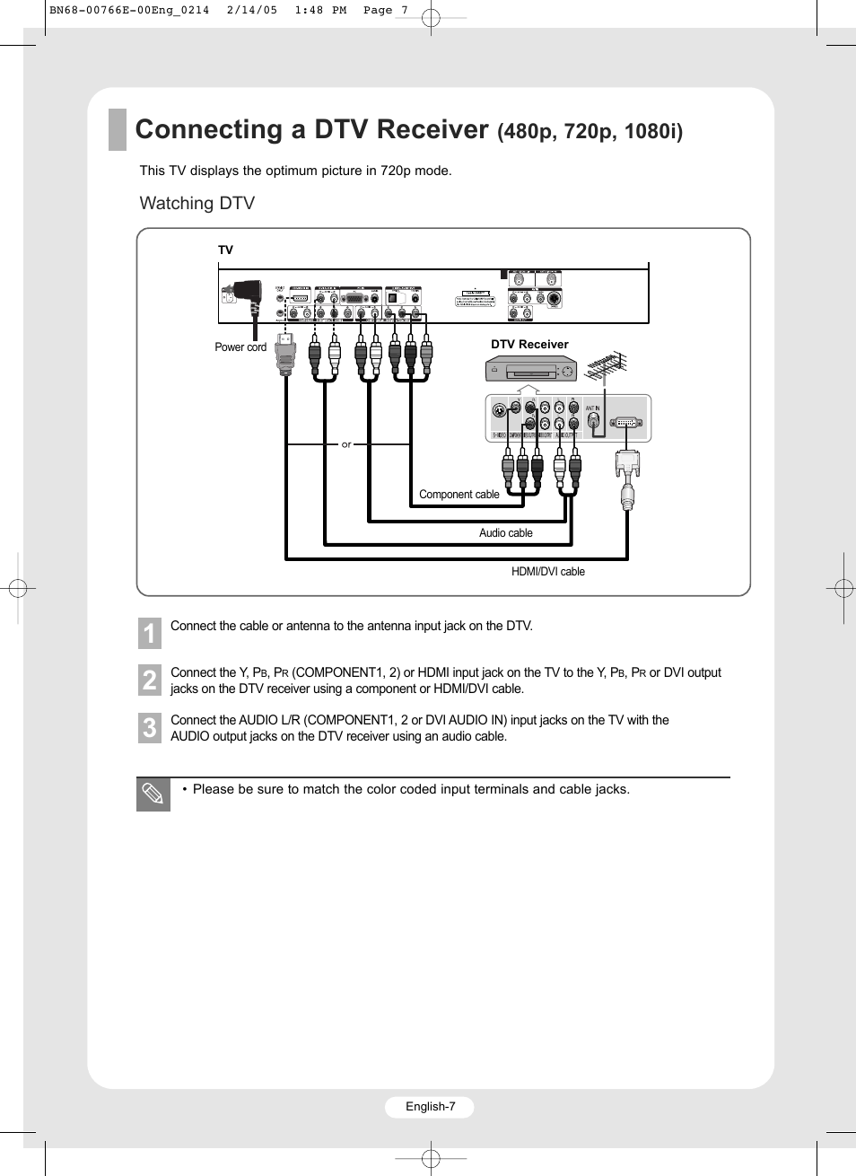 Connecting a dtv receiver, Watching dtv | Samsung SP-R4232 User Manual | Page 7 / 16