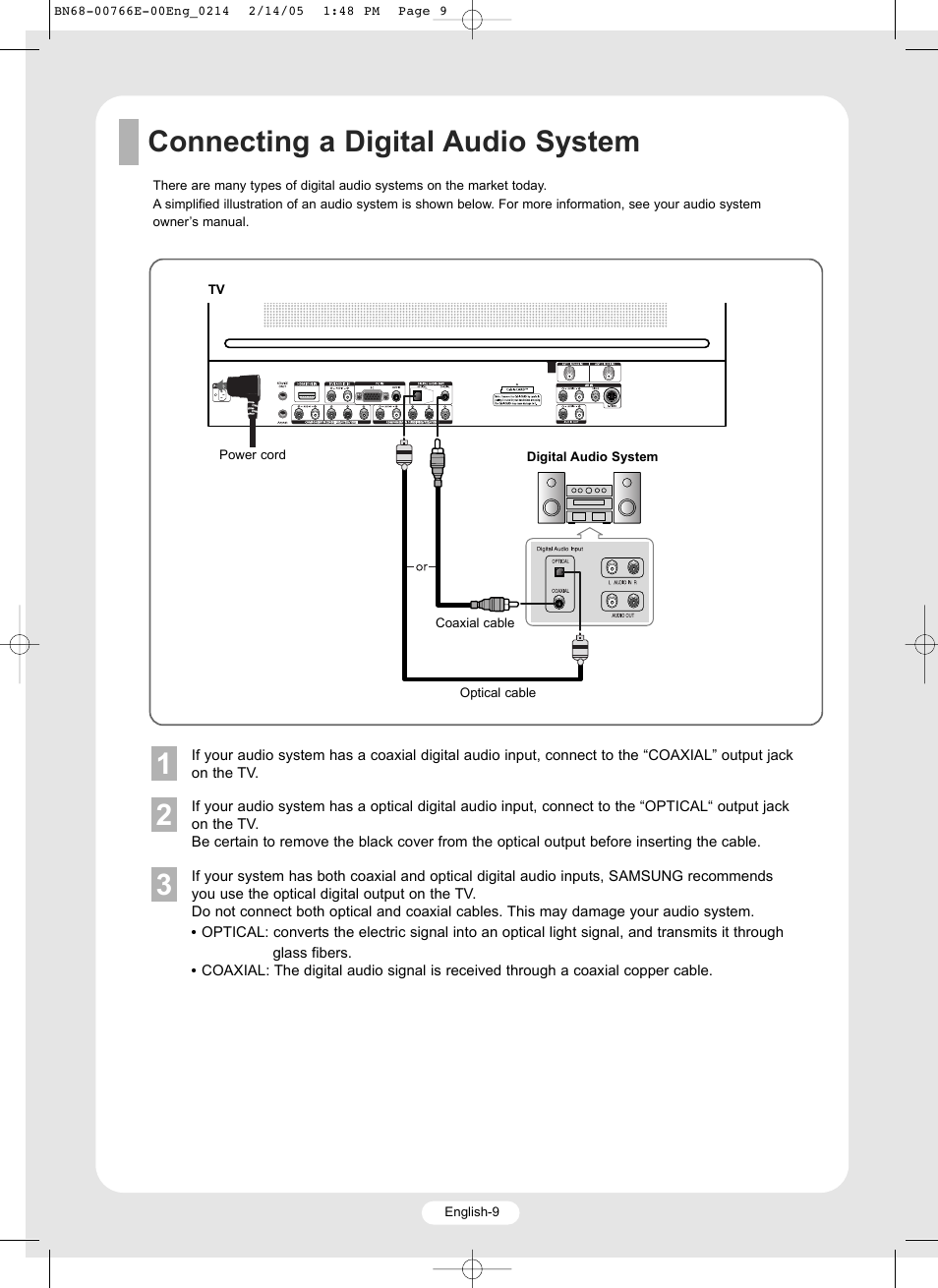 Connecting a digital audio system 1 | Samsung SP-R4232 User Manual | Page 9 / 16