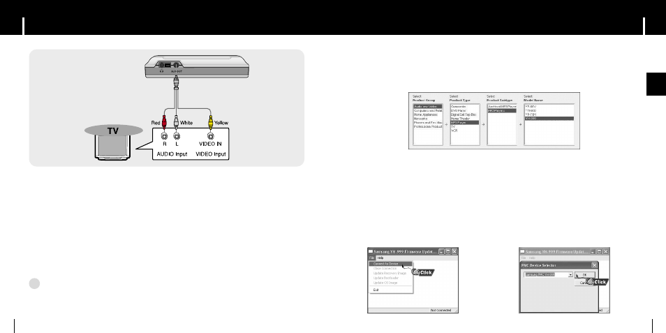 Connecting to an external video device, Updating firmware | Samsung YH-999 User Manual | Page 13 / 28