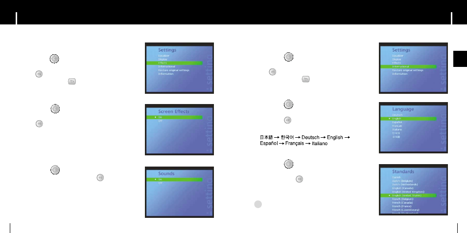 Setting the screen/sound effect, Setting the regional additional function, Iscreen effects | Isounds, Ilanguage, Istandards | Samsung YH-999 User Manual | Page 20 / 28