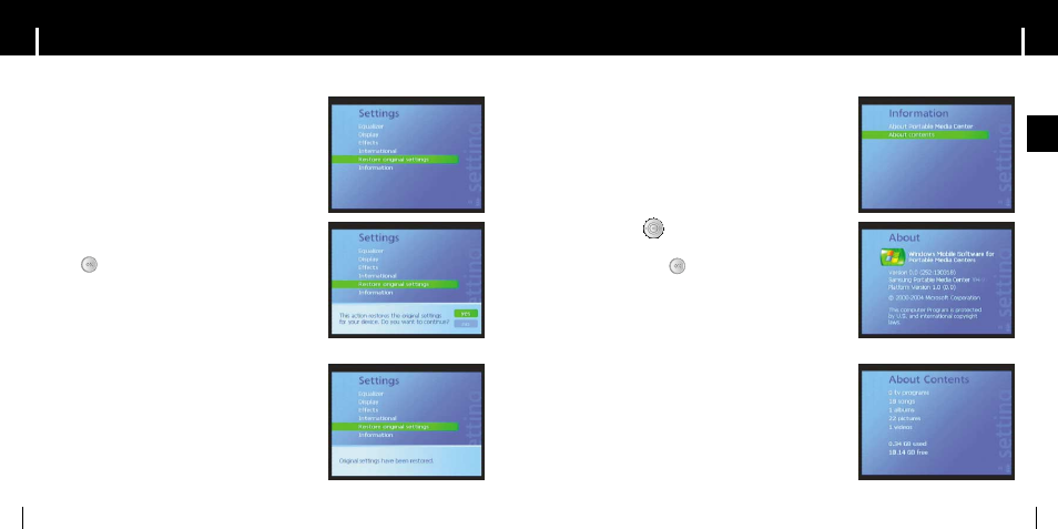 Restoring original settings, Player information | Samsung YH-999 User Manual | Page 21 / 28