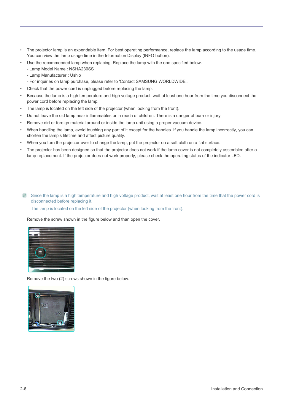 6 lamp replacement, Lamp replacement -6, Cautions on lamp replacement | Lamp replacement procedure | Samsung BP59-00134G-01 User Manual | Page 16 / 60
