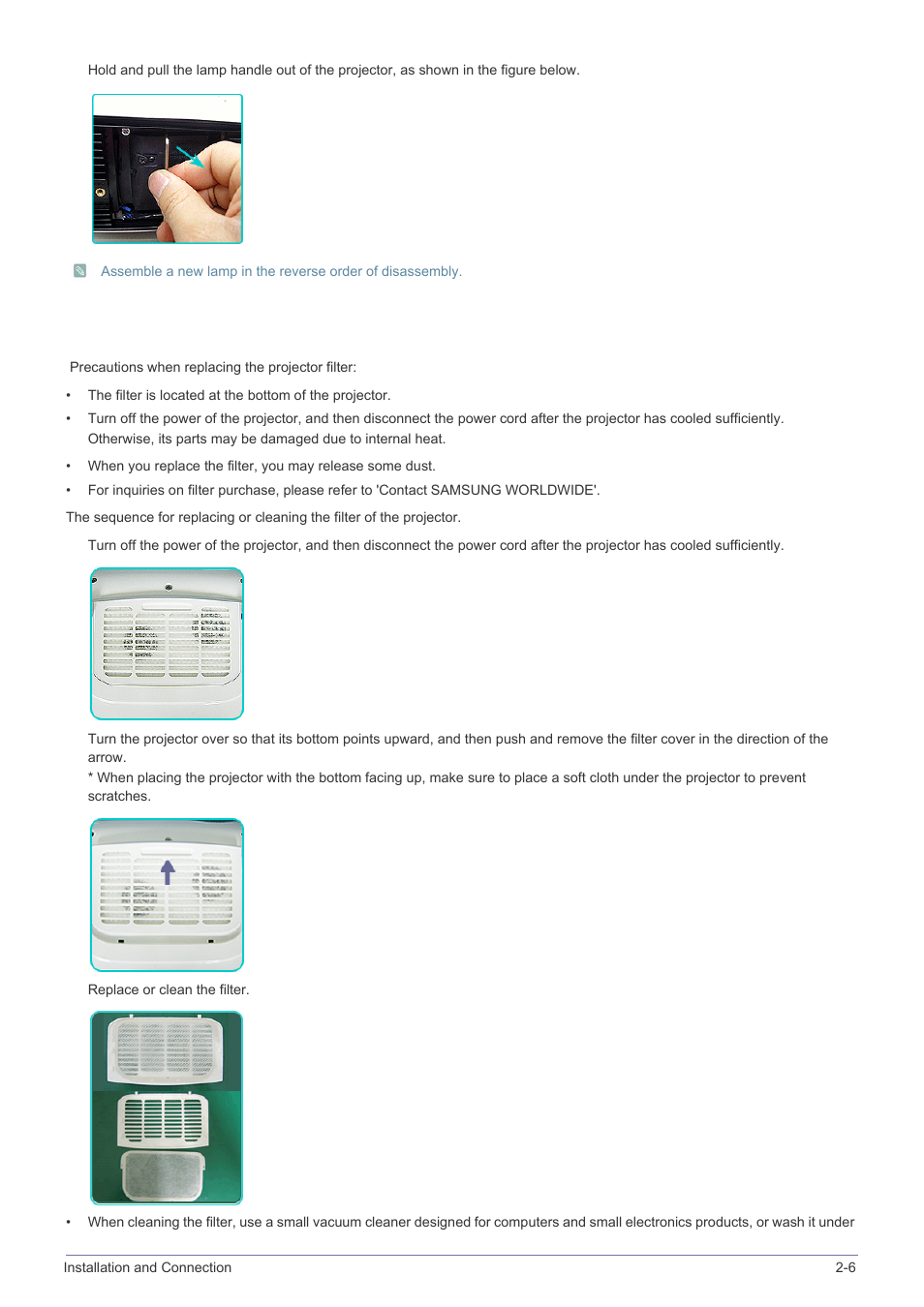 Replacing and cleaning the filter | Samsung BP59-00134G-01 User Manual | Page 17 / 60