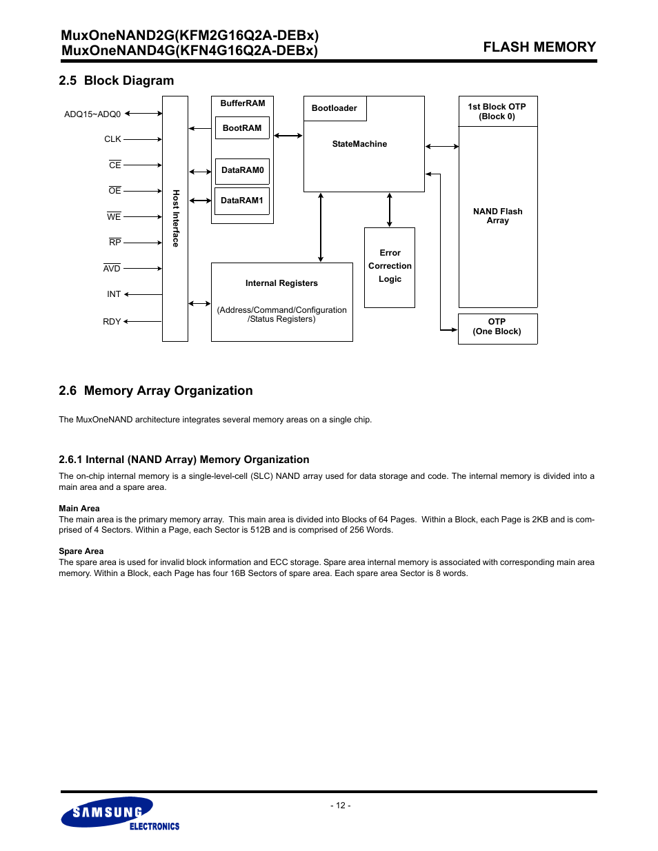 5 block diagram, 6 memory array organization, 1 internal (nand array) memory organization | Samsung MUXONENAND A-DIE KFM2G16Q2A User Manual | Page 12 / 173