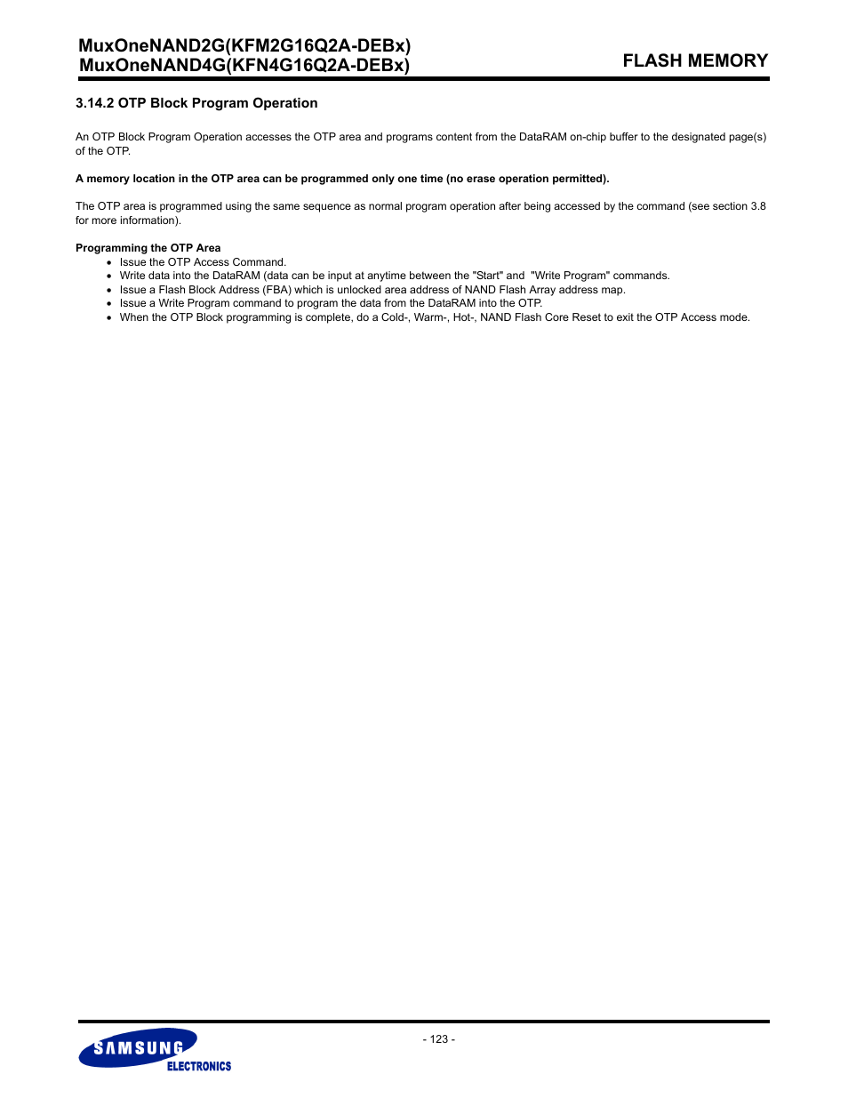 2 otp block program operation | Samsung MUXONENAND A-DIE KFM2G16Q2A User Manual | Page 123 / 173