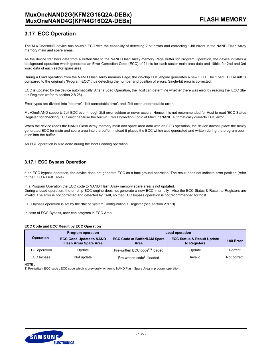 17 ecc operation, 1 ecc bypass operation | Samsung MUXONENAND A-DIE KFM2G16Q2A User Manual | Page 135 / 173