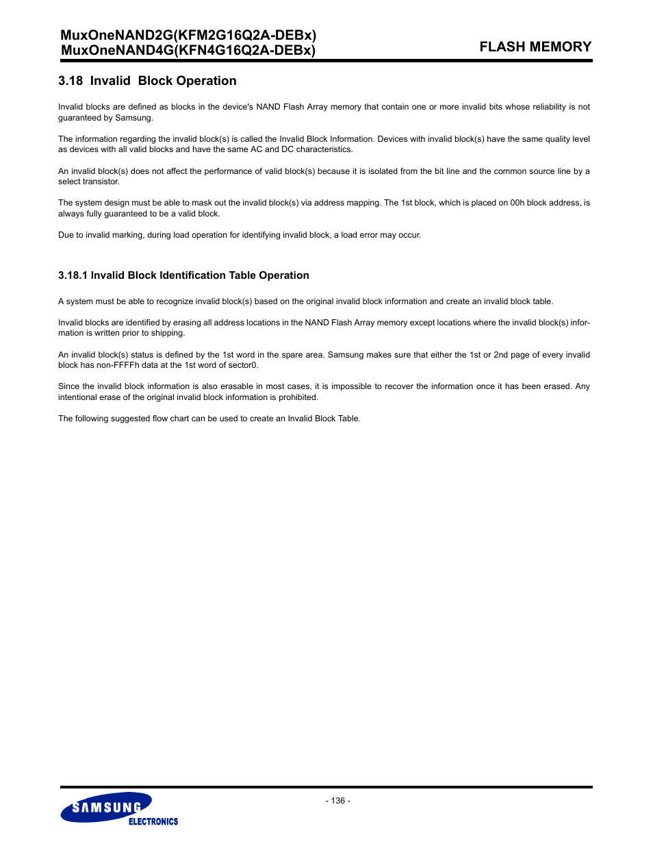 18 invalid block operation, 1 invalid block identification table operation | Samsung MUXONENAND A-DIE KFM2G16Q2A User Manual | Page 136 / 173