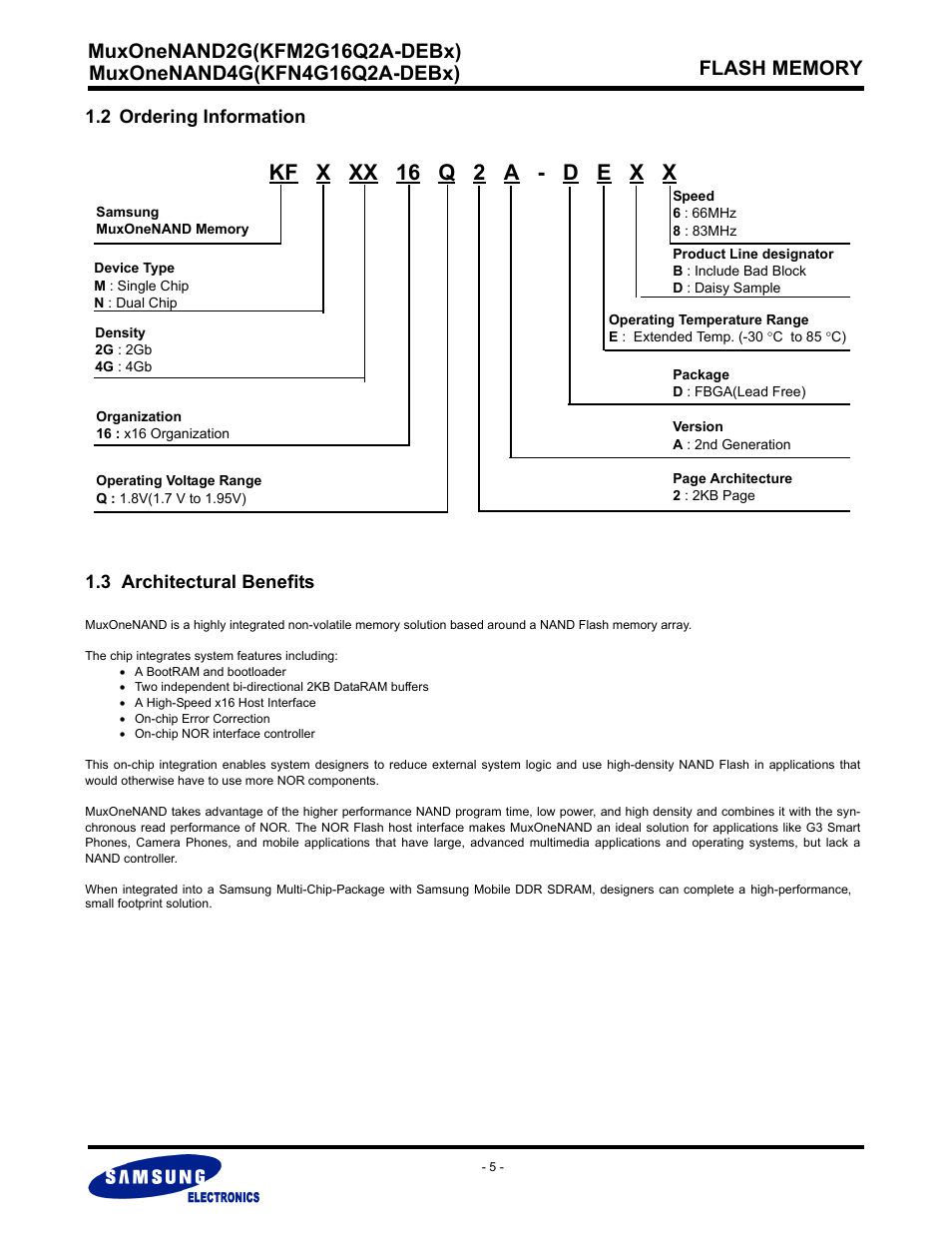 2 ordering information, 3 architectural benefits, Kf x xx 16 q 2 a - d e x x | Ordering information 1.3 architectural benefits | Samsung MUXONENAND A-DIE KFM2G16Q2A User Manual | Page 5 / 173