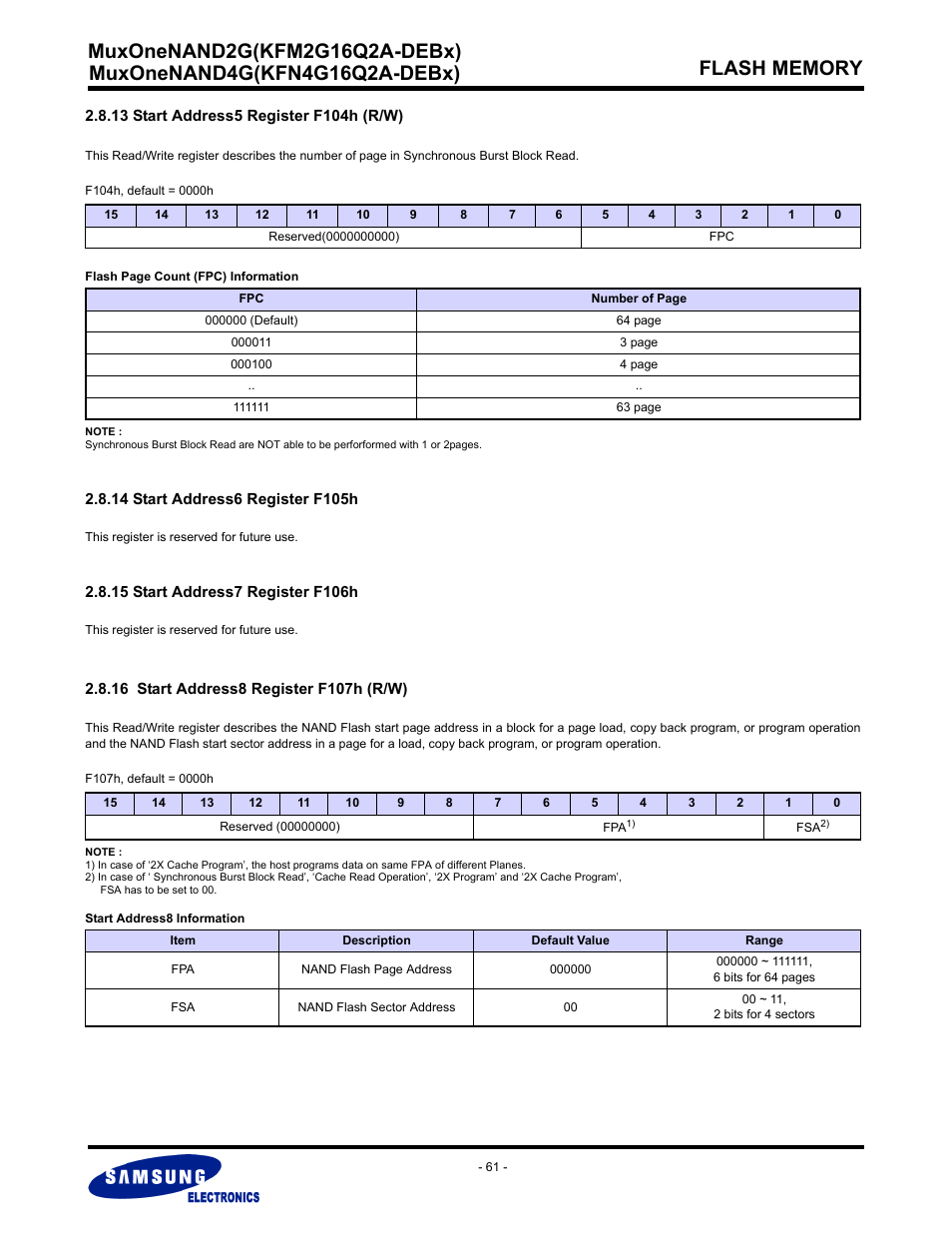 13 start address5 register f104h (r/w), 14 start address6 register f105h, 15 start address7 register f106h | 16 start address8 register f107h (r/w) | Samsung MUXONENAND A-DIE KFM2G16Q2A User Manual | Page 61 / 173
