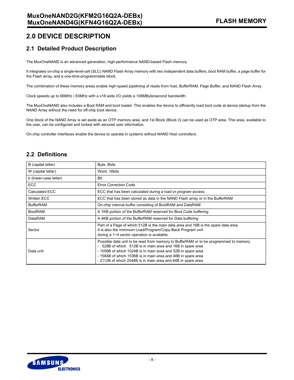 0 device description, 1 detailed product description, 2 definitions | Samsung MUXONENAND A-DIE KFM2G16Q2A User Manual | Page 8 / 173