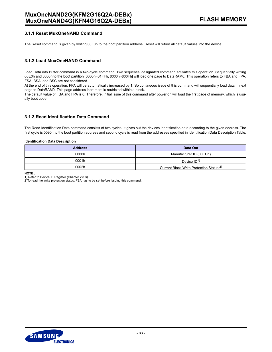 1 reset muxonenand command, 2 load muxonenand command, 3 read identification data command | Samsung MUXONENAND A-DIE KFM2G16Q2A User Manual | Page 83 / 173