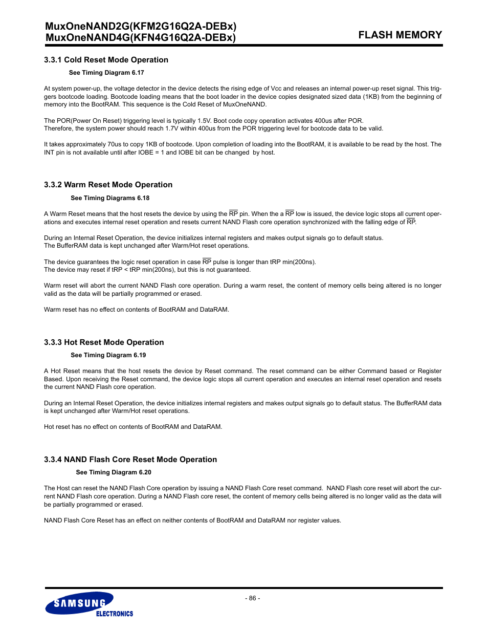 1 cold reset mode operation, 2 warm reset mode operation, 3 hot reset mode operation | 4 nand flash core reset mode operation | Samsung MUXONENAND A-DIE KFM2G16Q2A User Manual | Page 86 / 173