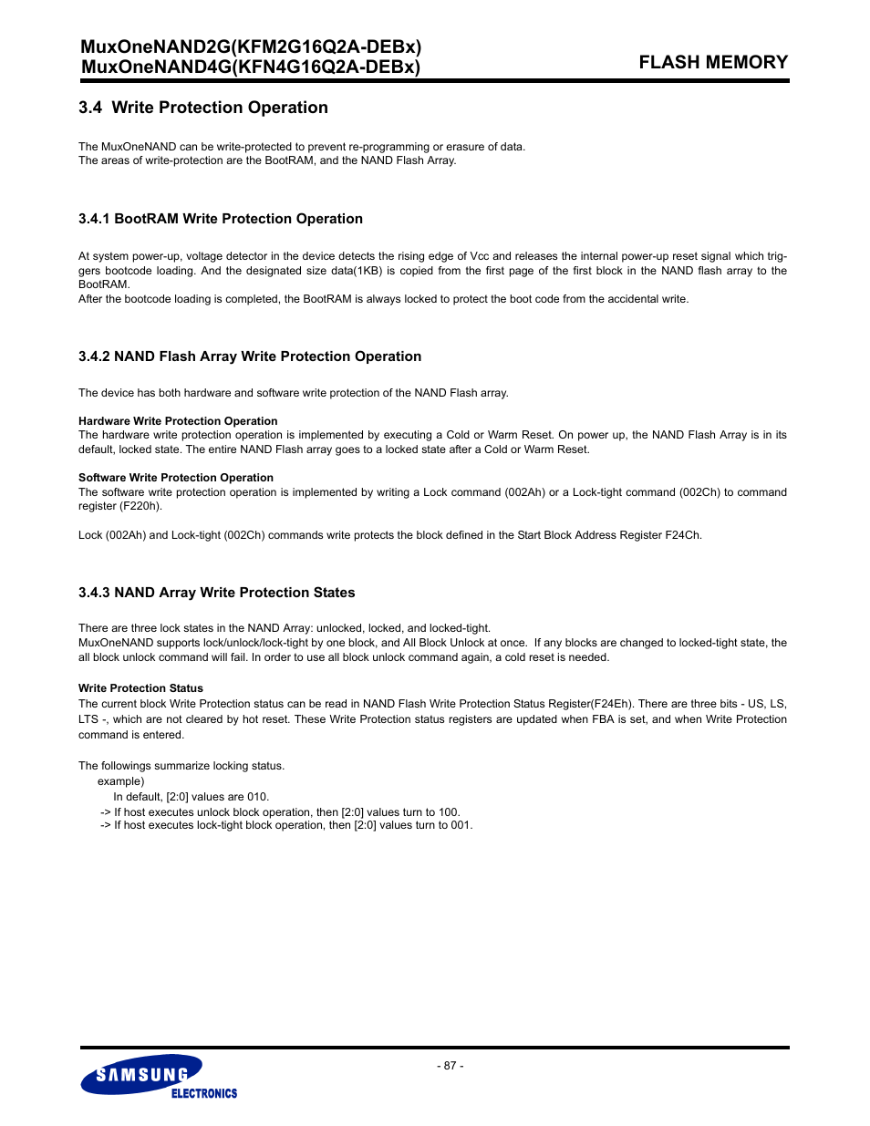 4 write protection operation, 1 bootram write protection operation, 2 nand flash array write protection operation | 3 nand array write protection states | Samsung MUXONENAND A-DIE KFM2G16Q2A User Manual | Page 87 / 173