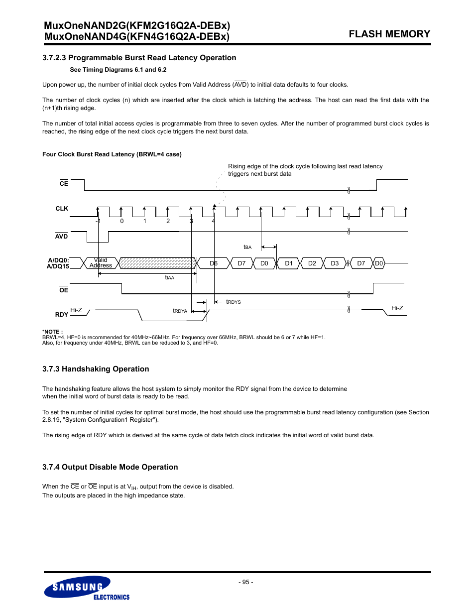 3 programmable burst read latency operation, 3 handshaking operation, 4 output disable mode operation | Samsung MUXONENAND A-DIE KFM2G16Q2A User Manual | Page 95 / 173