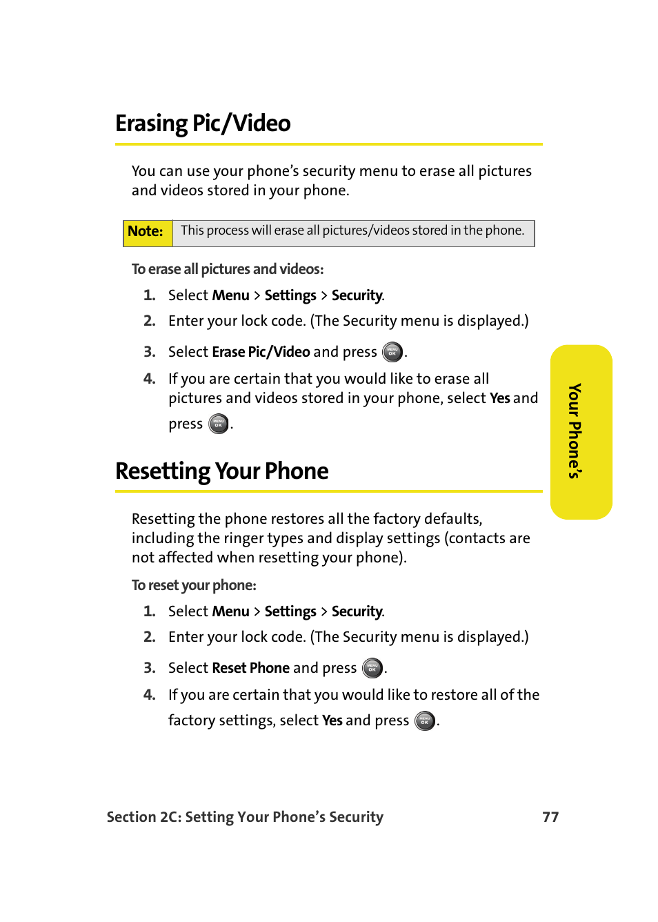 Erasing pic/video, Resetting your phone | Samsung A900M User Manual | Page 101 / 276